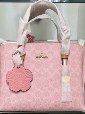 Coach Pink Signature MollieTote with Floral Leather Charm 25in NWT